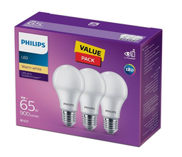 VALUE PACK  Philips LED Non Dimmable Bulb 9W E27 3000K 3PCS 